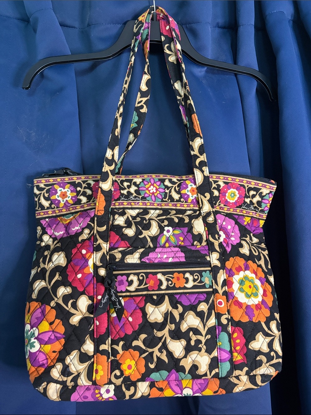 Vera Bradley Suzani retired print black Floral Quilted Tote multiple pockets